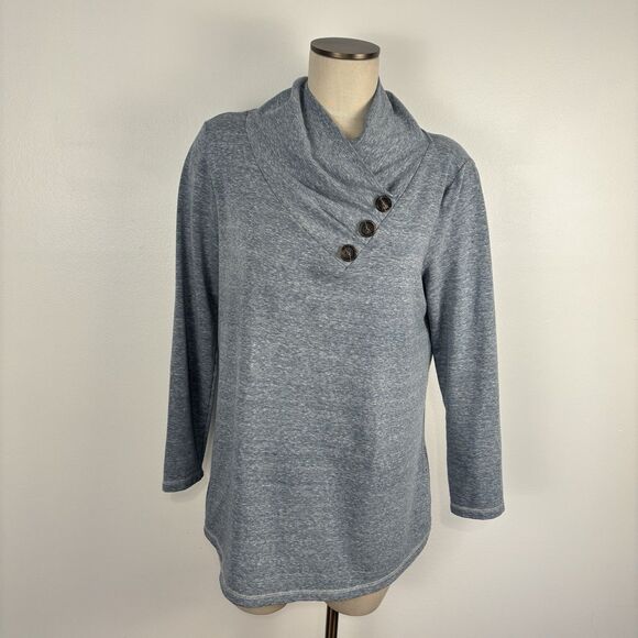 Soft Surroundings Brinley Cowl Button Collar Blue Heathered Sweater Womens Large - Picture 3 of 8